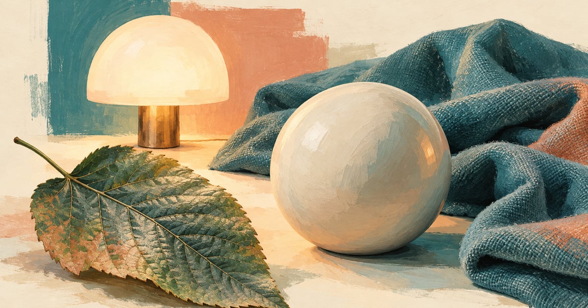 O frunză texturată, o sferă ceramică, material textil și o lampă, ilustrând conceptual însușiri senzoriale.