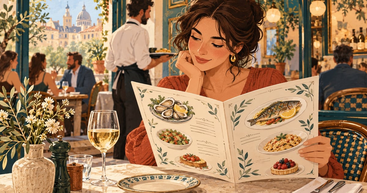 O persoană citește descrierile unor preparate lângă farfurii și ingrediente ilustrate.