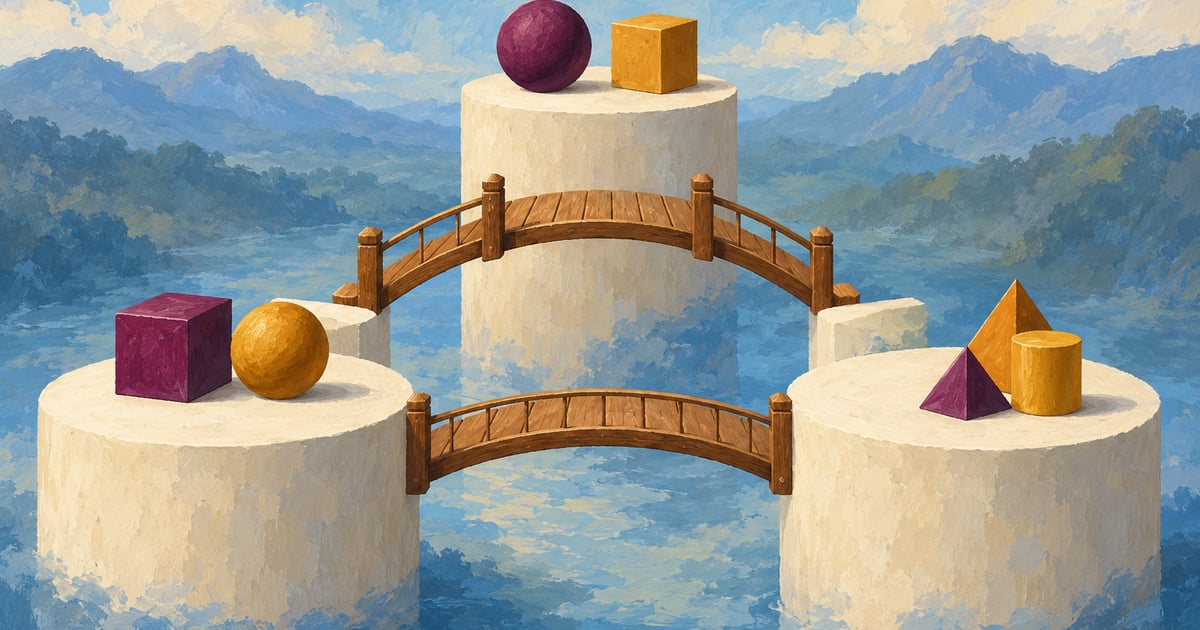 Platforme cu forme geometrice unite prin poduri, ilustrând conceptual construirea unei legături logice.