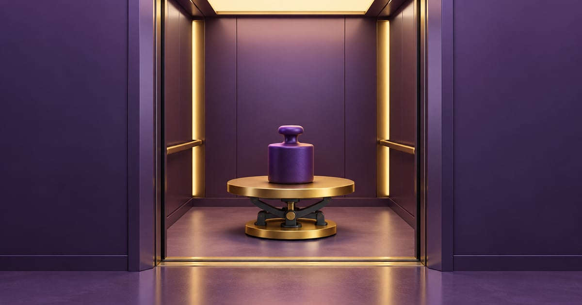 Cabină de lift și cântar stilizat, concept despre greutatea aparentă