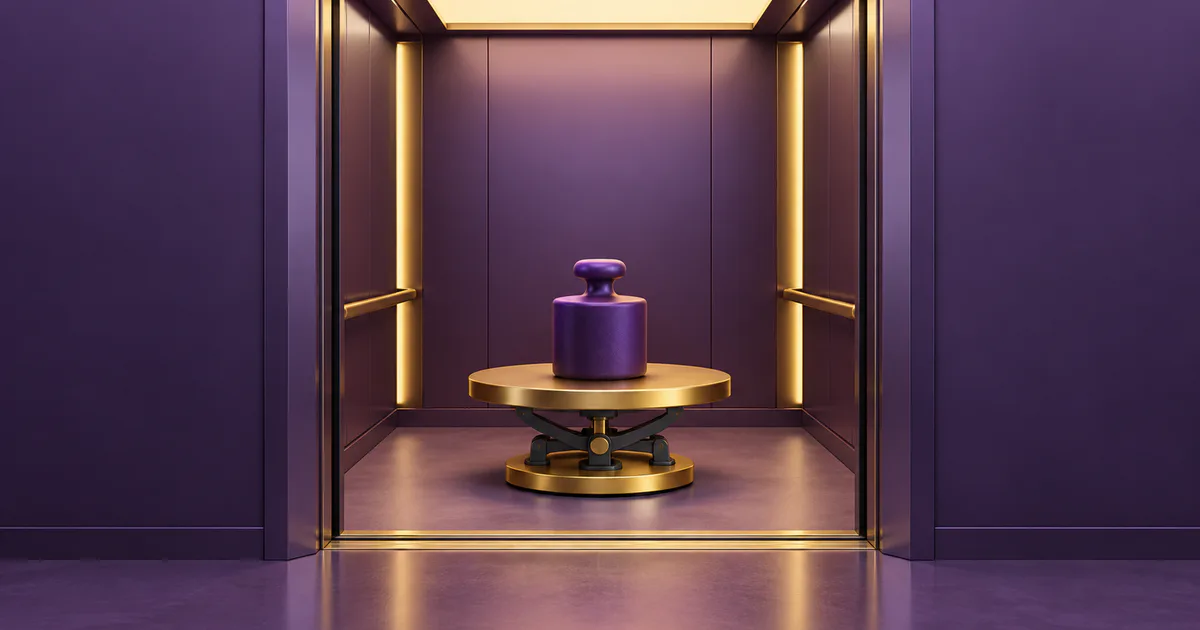 Cabină de lift și cântar stilizat, concept despre greutatea aparentă