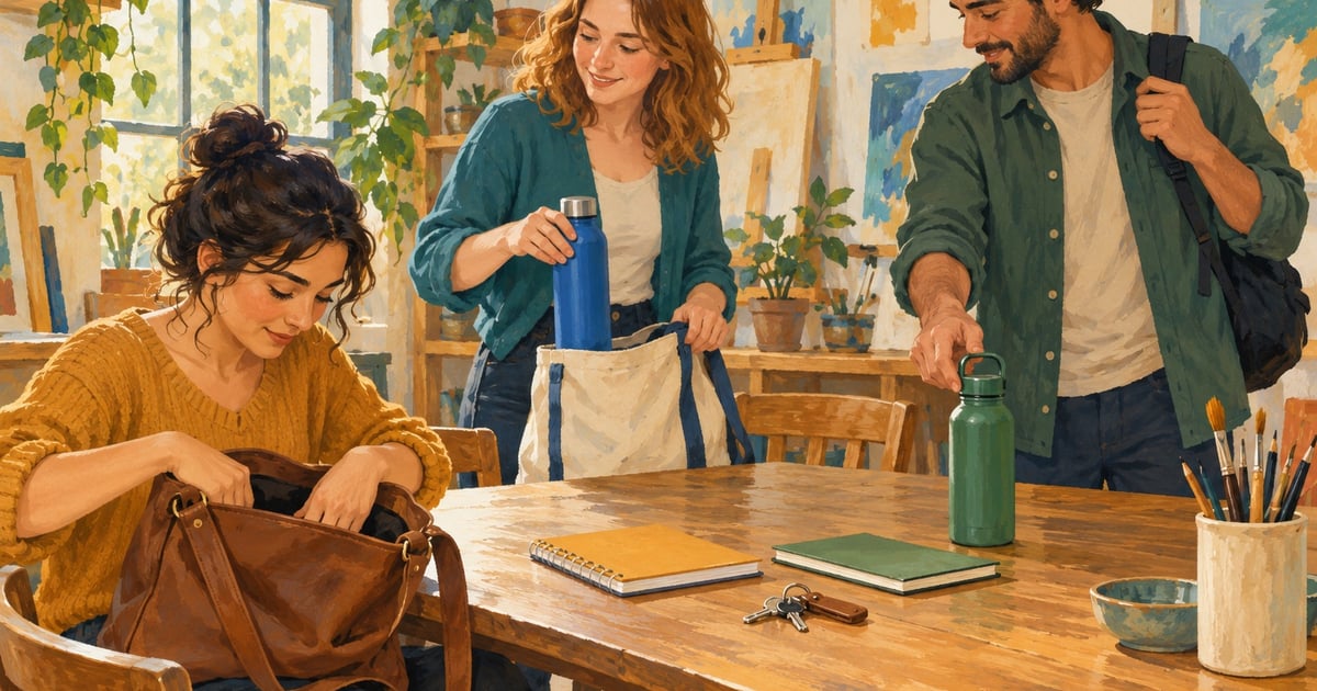 Trei participanți la un atelier verifică sticle, chei și caiete lângă o geantă deschisă, pentru a afla cui aparțin.