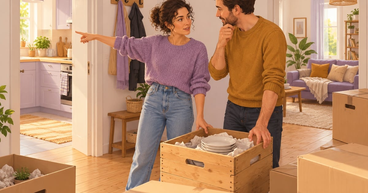 Două persoane discută unde să așeze cutiile de mutare și lada cu vase într-un apartament cu ușile deschise.