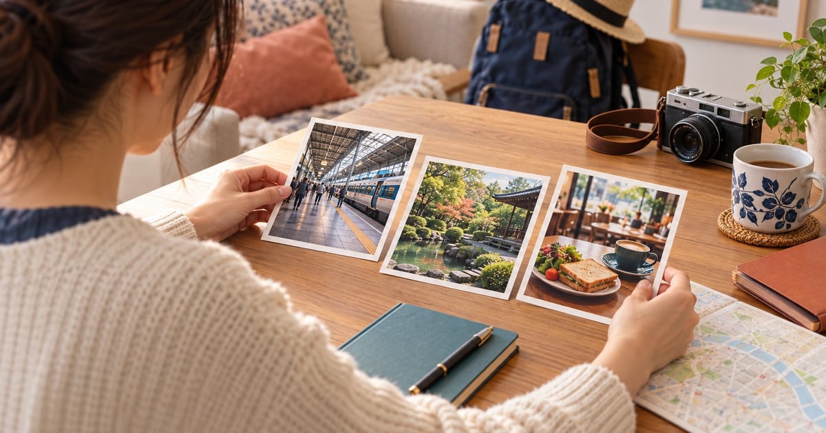 O femeie aranjează pe birou fotografii cu o gară, o grădină și o masă la cafenea, lângă aparat foto și hartă.