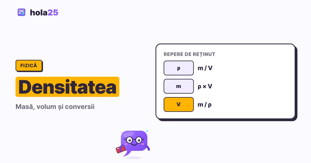 Densitatea: formulă, unități și probleme rezolvate. ρ: m / V. m: ρ × V. V: m / ρ.