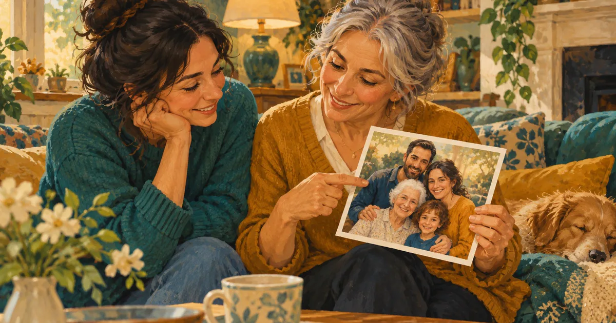 O persoană arată unui prieten o fotografie ilustrată cu mai multe generații ale unei familii.