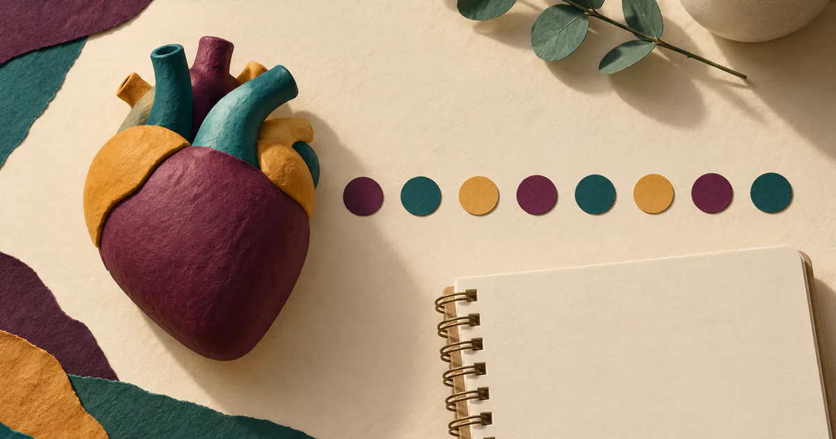 O inimă artistică și discuri ordonate sugerează ritmul cardiac pe un birou de studiu.
