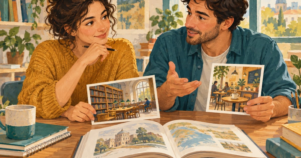 Doi cursanți discută lângă o carte deschisă și două fișe ilustrate cu o bibliotecă și o cafenea.