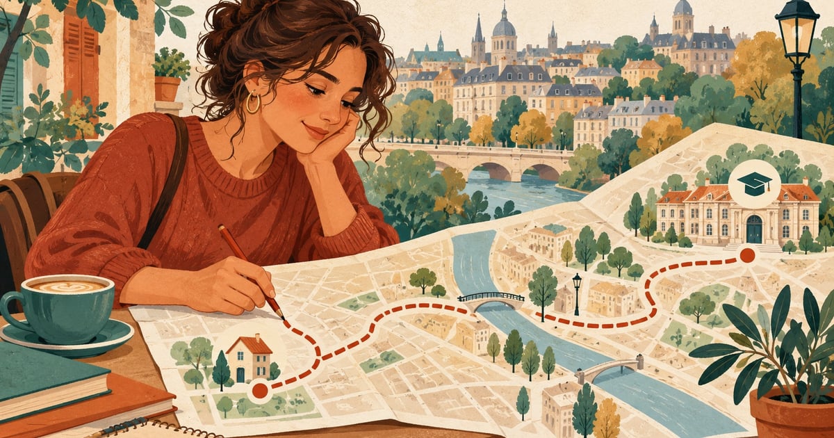 O cursantă urmărește pe o hartă ilustrată traseul dintre o casă și o clădire de cursuri.
