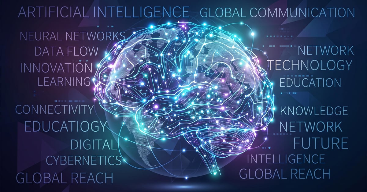 Inteligență Artificială și importanța limbii engleze la locul de muncă, cu simboluri de comunicare globală