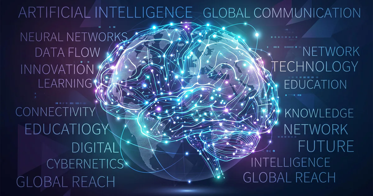 Inteligență Artificială și importanța limbii engleze la locul de muncă, cu simboluri de comunicare globală