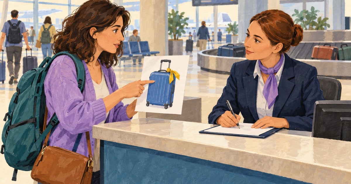 O călătoare descrie o valiză albastră cu panglică galbenă unei angajate de la aeroport.