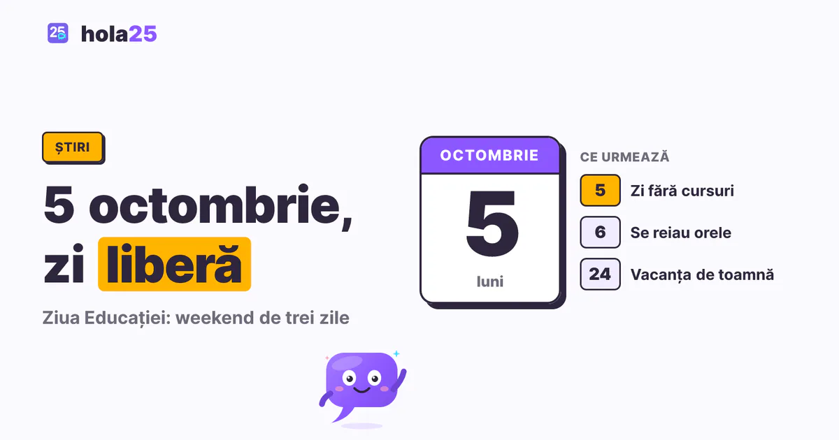 Filă de calendar cu luni, 5 octombrie 2026, zi fără cursuri; orele se reiau marți, 6 octombrie, iar vacanța de toamnă începe pe 24 octombrie