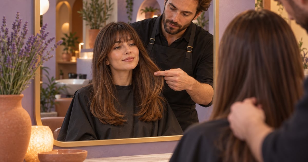 O clientă privește în oglindă în timp ce coaforul îi arată lungimea vârfurilor înainte de tuns.