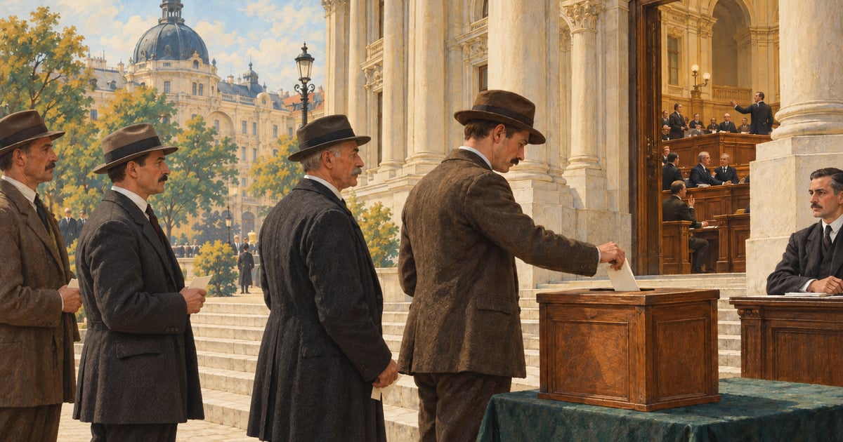 O urnă electorală și o sală de dezbatere evocă participarea politică și instituțiile interbelice.