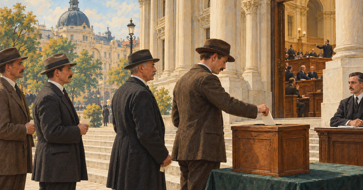 O urnă electorală și o sală de dezbatere evocă participarea politică și instituțiile interbelice.