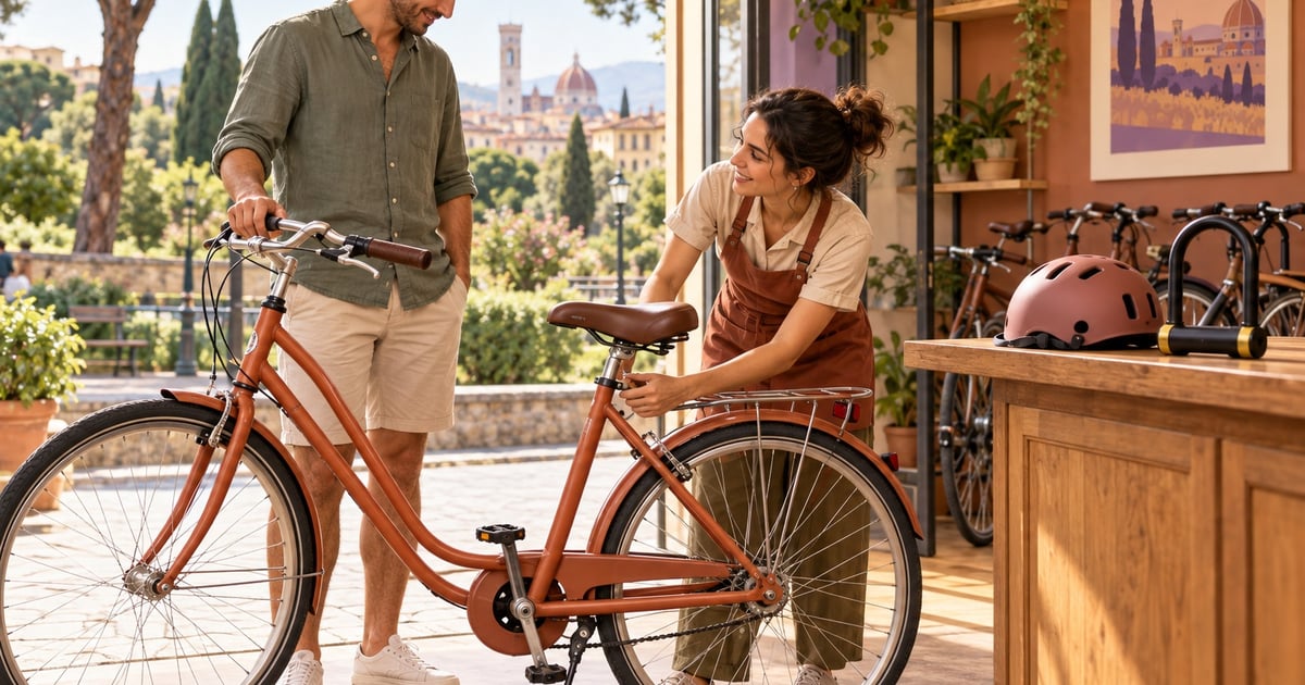 Un bărbat discută cu angajata unui centru de închirieri lângă o bicicletă, cu o cască și un antifurt pe tejghea.