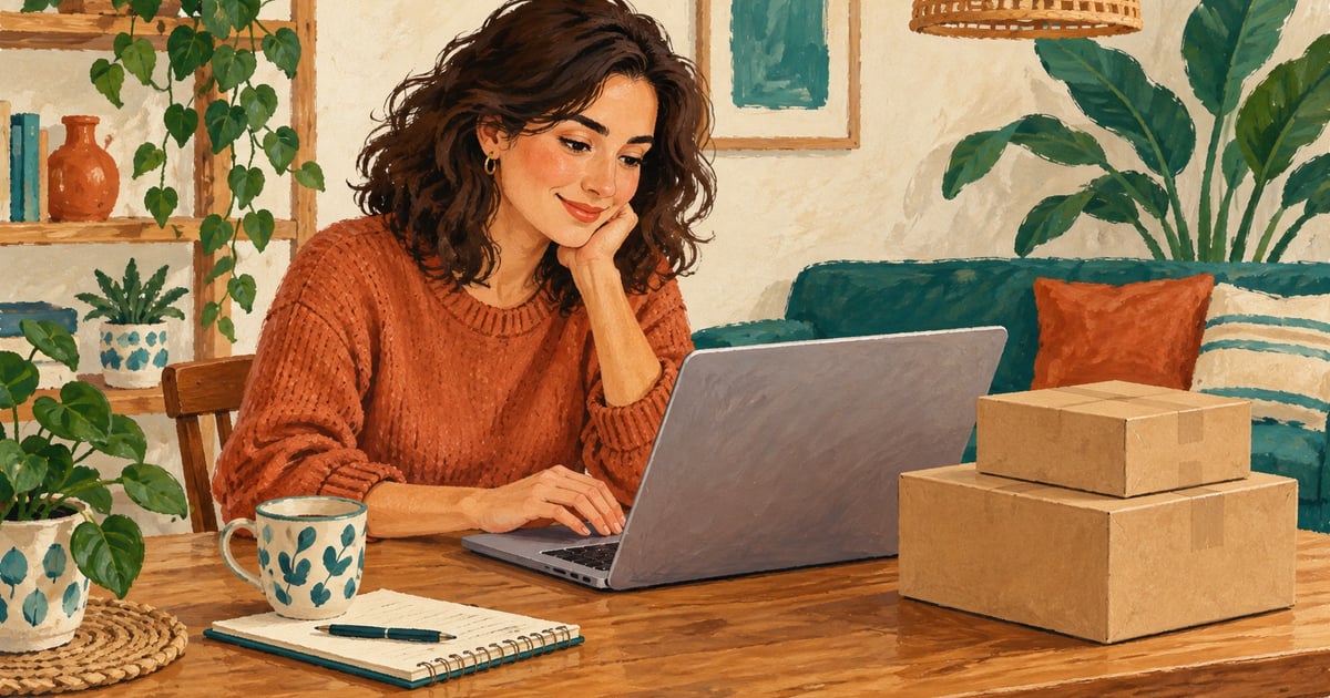 O femeie verifică un laptop lângă colete simple și un caiet deschis.