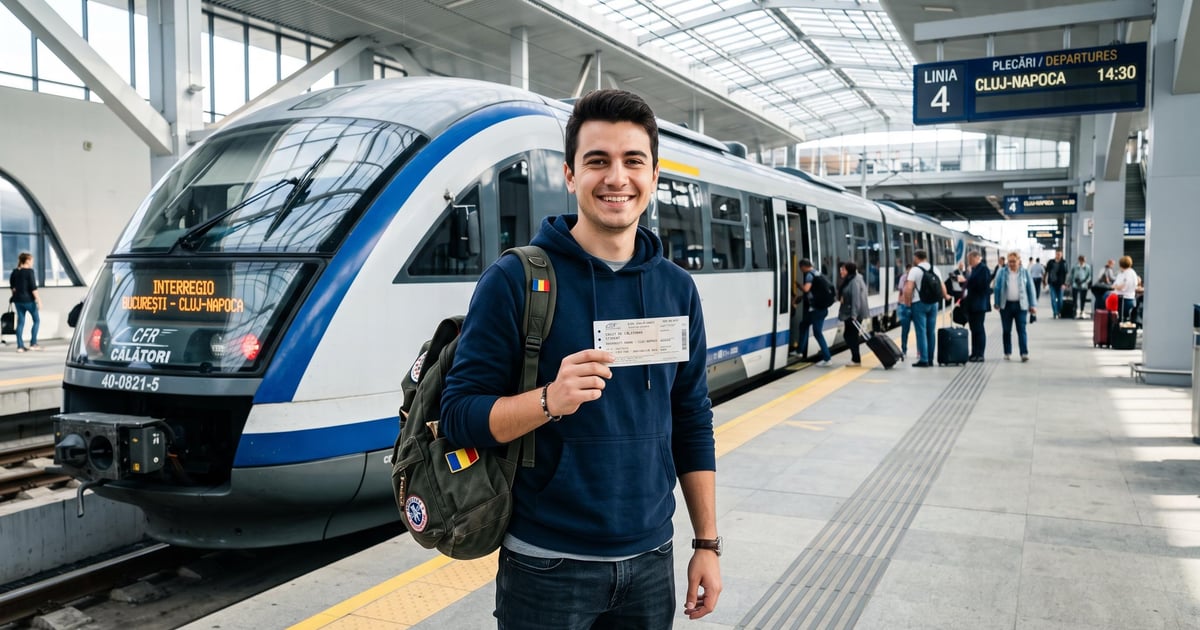 Student fericit cu bilet de tren, beneficiind de reducere la călătoriile cu trenul