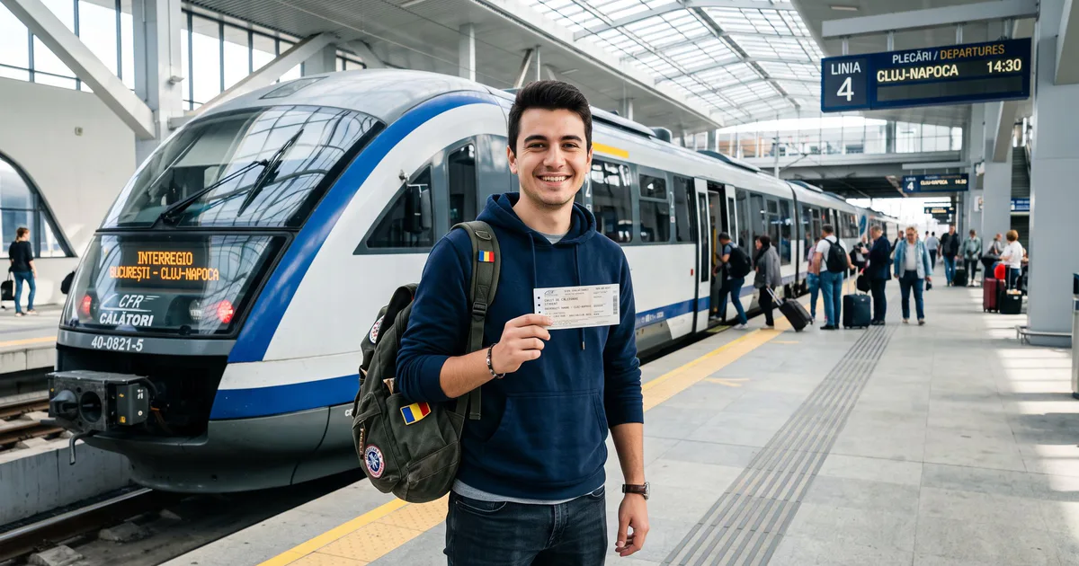Student fericit cu bilet de tren, beneficiind de reducere la călătoriile cu trenul