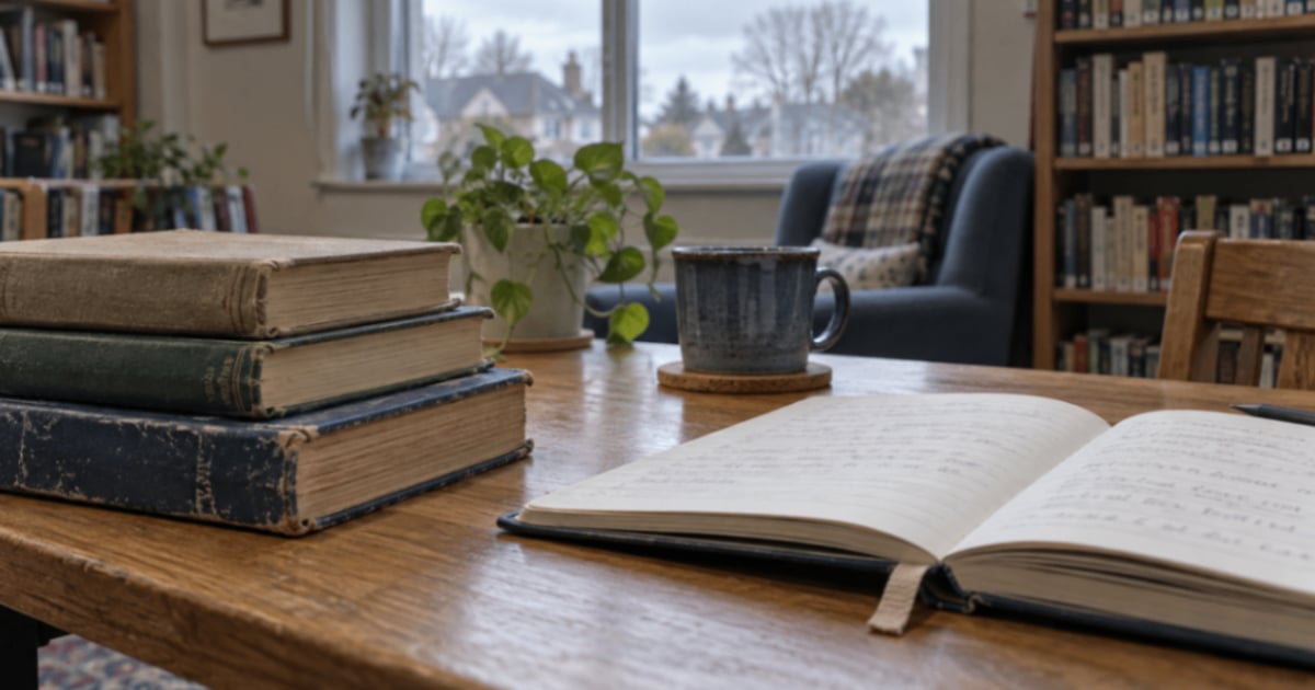 Cărți împrumutate și un caiet de vocabular pe o masă de bibliotecă.