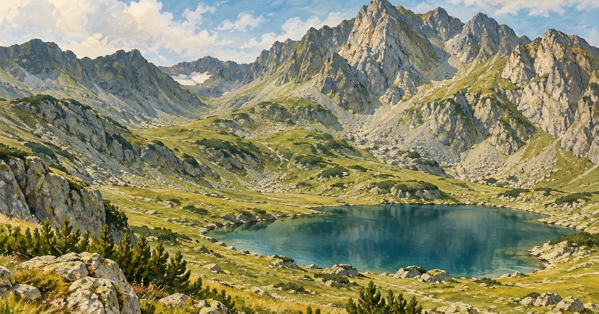Creste montane înalte și un lac alpin într-un peisaj conceptual inspirat de Carpați.