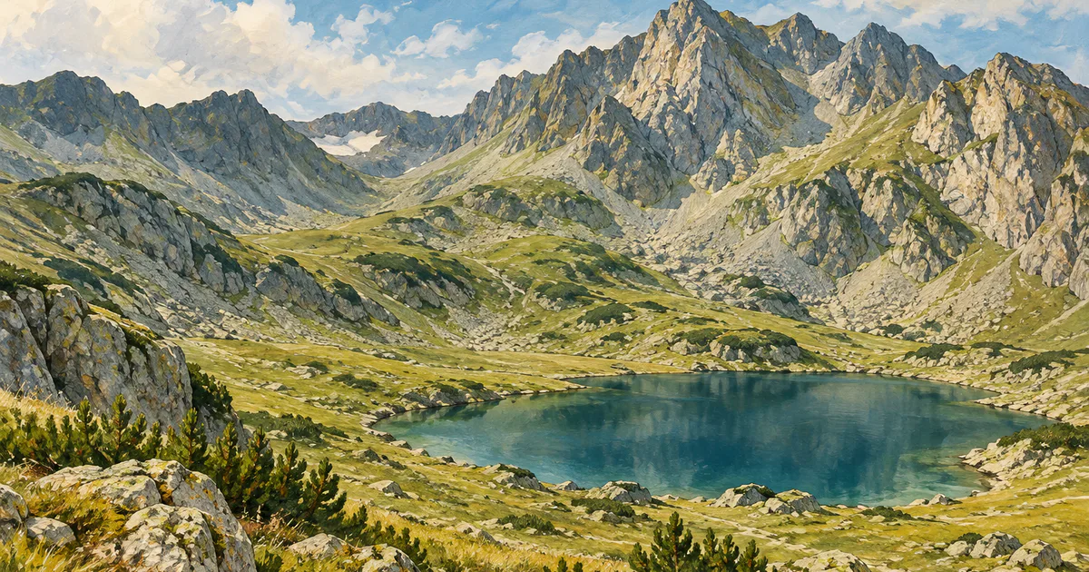 Creste montane înalte și un lac alpin într-un peisaj conceptual inspirat de Carpați.