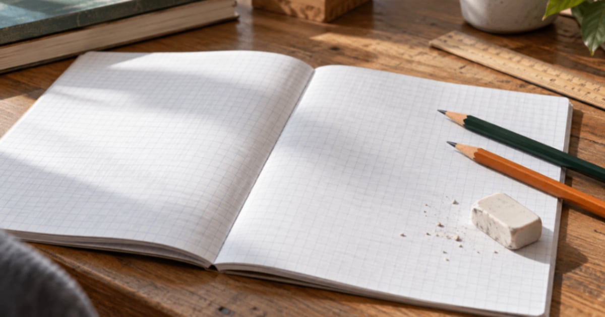 Caiet de matematică, două creioane și o radieră pe birou.