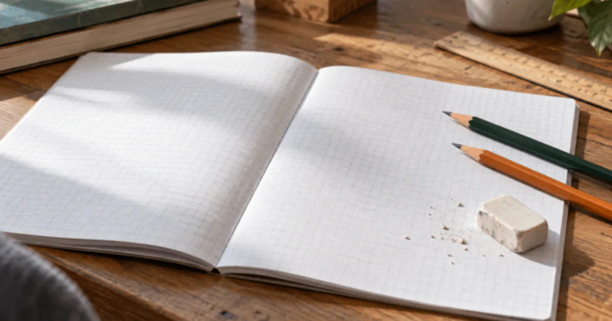 Caiet de matematică, două creioane și o radieră pe birou.