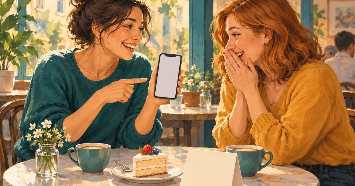 Două prietene se bucură de o veste bună la cafenea, lângă o felie de tort și o felicitare fără text.