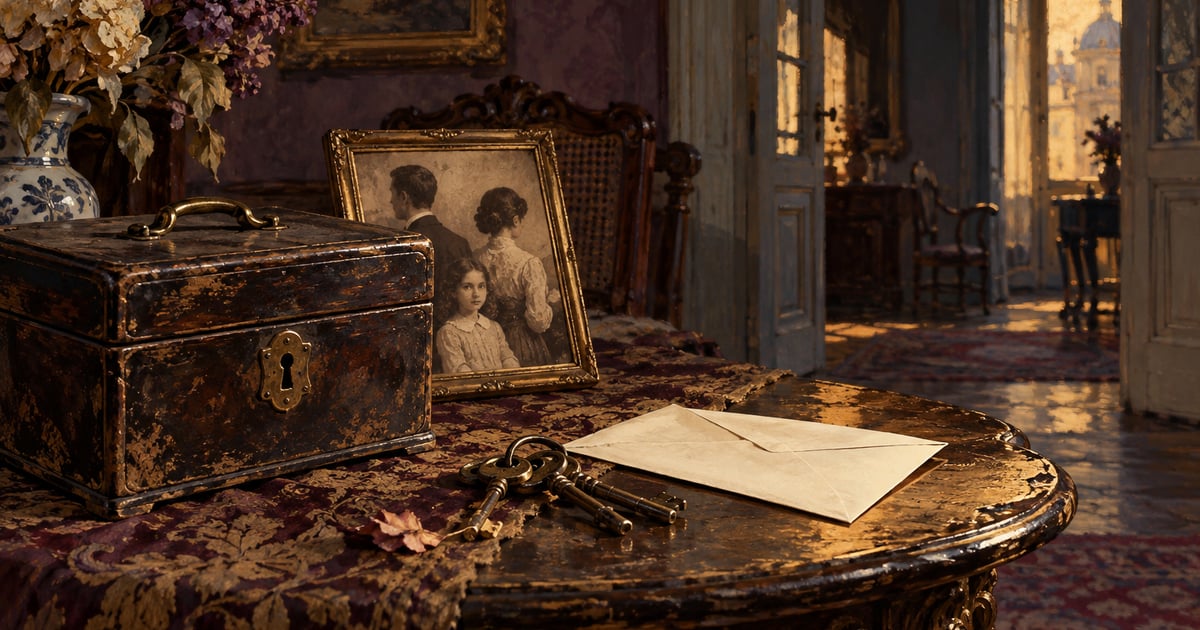 O casetă veche pentru bani, chei și o fotografie de familie se află pe o masă într-o casă uzată.