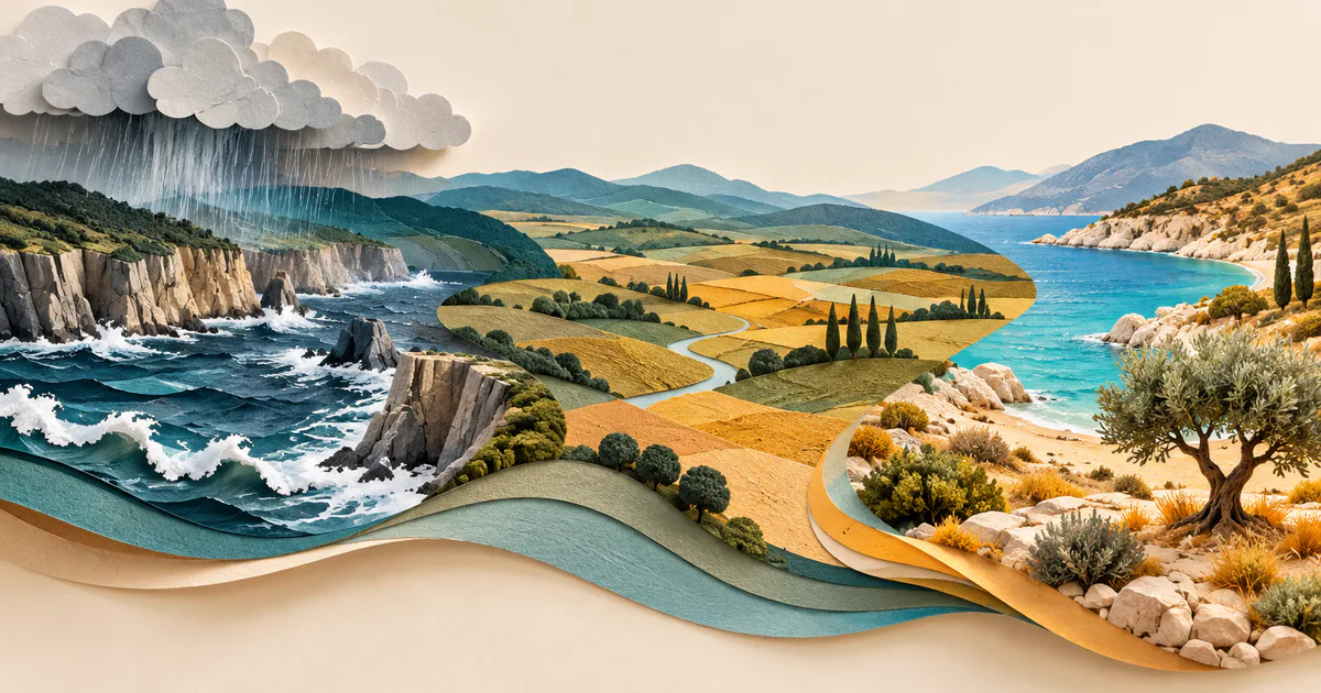 Trei peisaje conceptuale din hârtie, cu țărm atlantic umed, interior continental și litoral mediteraneean însorit.