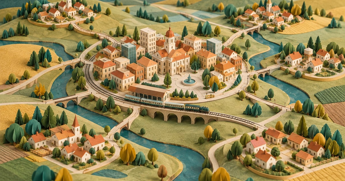Un centru urban compact din hârtie legat prin drumuri subțiri de mici așezări periferice, cu tren miniatural.