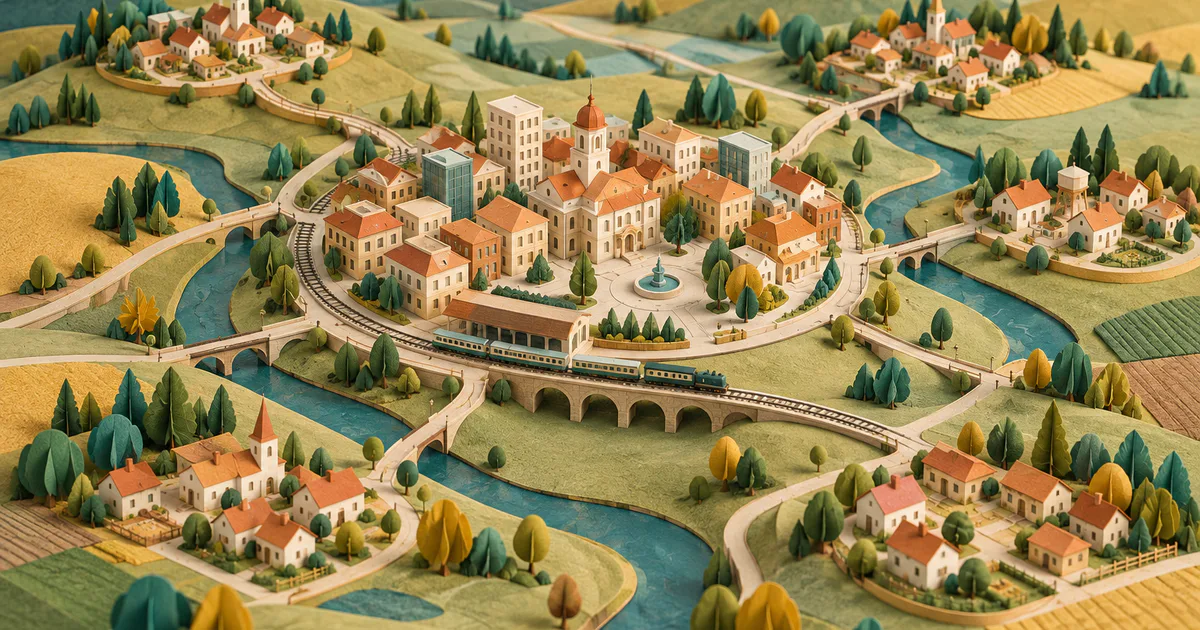 Un centru urban compact din hârtie legat prin drumuri subțiri de mici așezări periferice, cu tren miniatural.