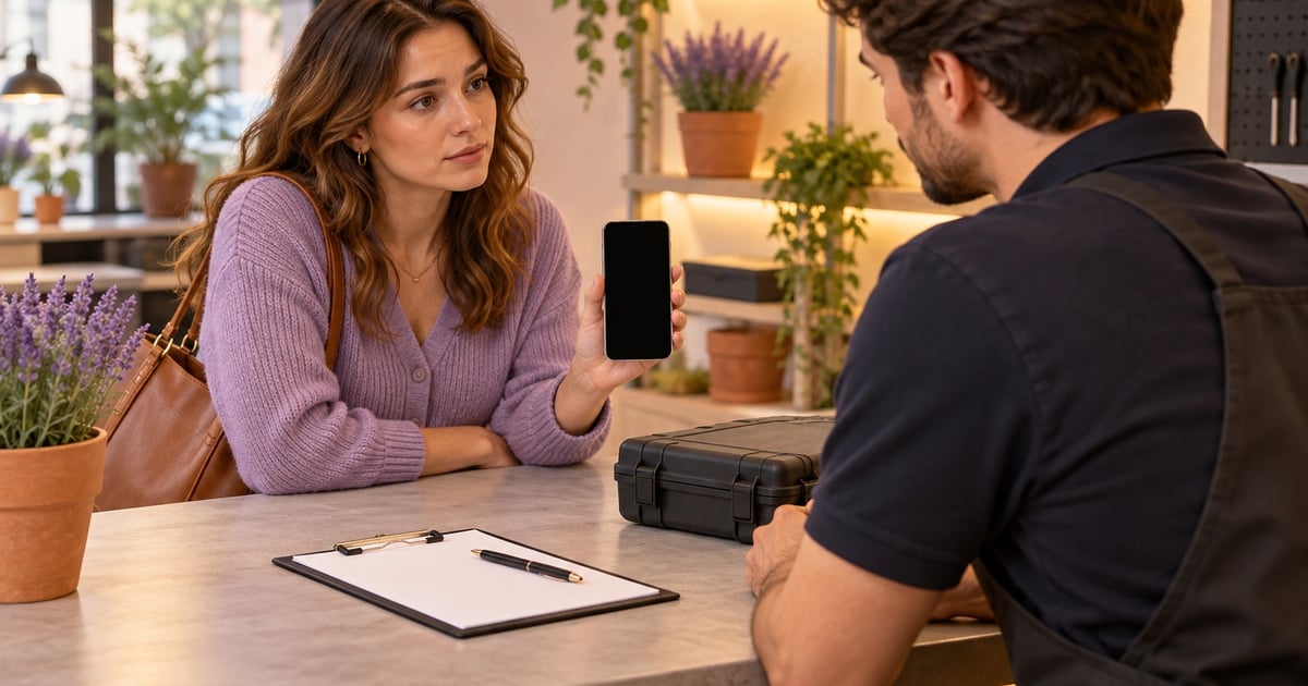 O clientă arată telefonul cu ecranul negru unui angajat de la service, lângă o fișă și o trusă închisă.