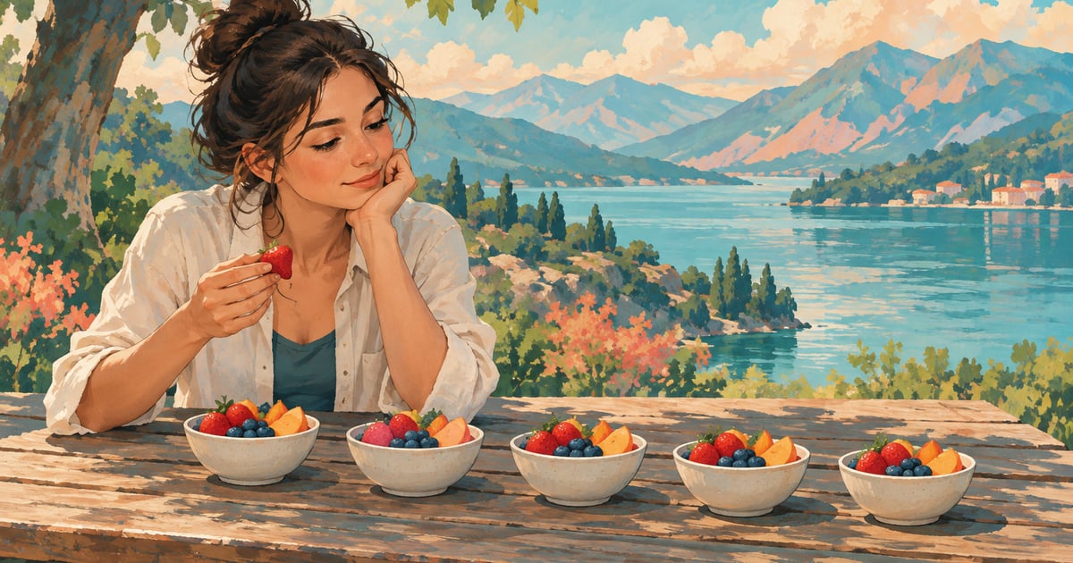 O persoană și porții succesive de fructe, ilustrație conceptuală despre consum.