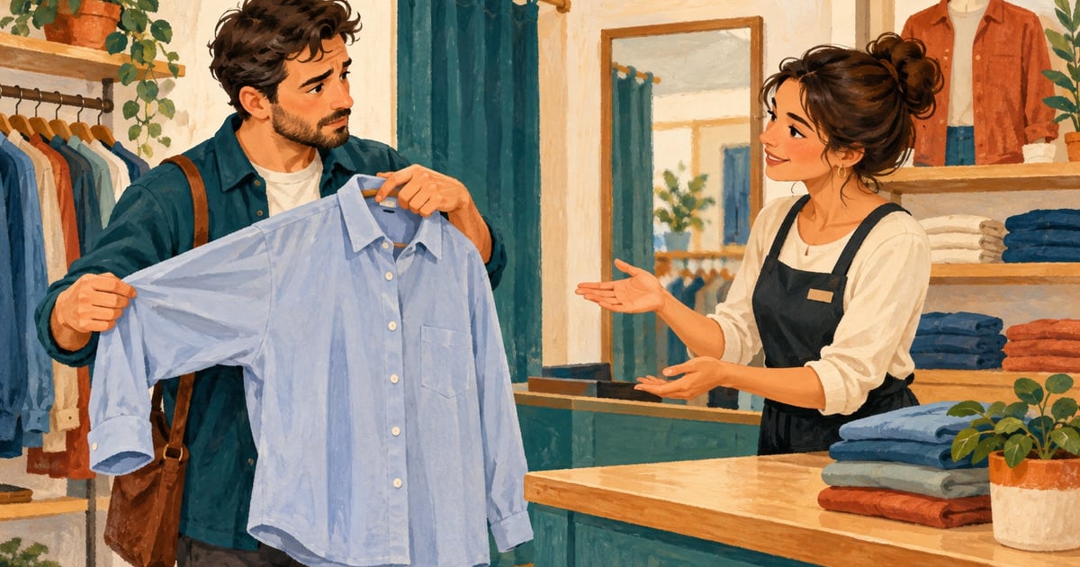 Un client ține o cămașă prea mare și discută cu o vânzătoare într-un magazin.
