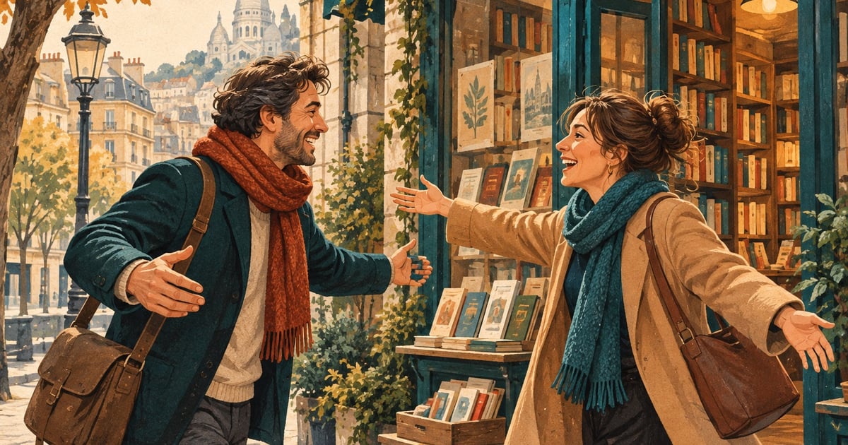 Două persoane se recunosc cu surprindere într-o librărie luminoasă.