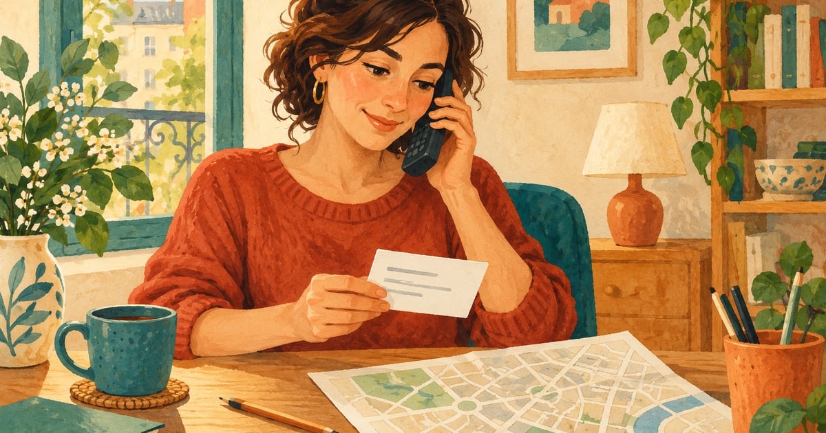 O femeie vorbește la telefon și verifică un cartonaș, lângă o hartă și un creion pe birou.