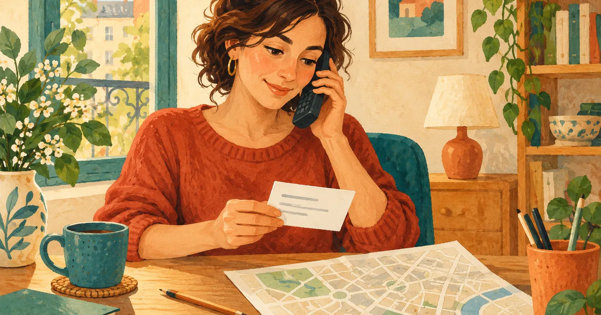 O femeie vorbește la telefon și verifică un cartonaș, lângă o hartă și un creion pe birou.