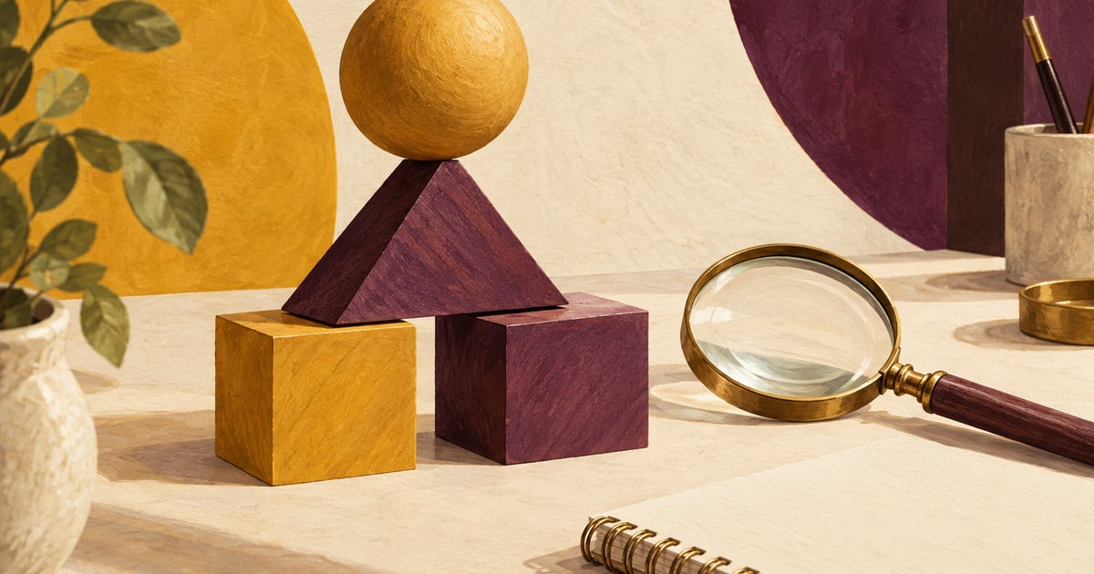 Forme geometrice sprijinite într-o structură și o lupă, ilustrând conceptual verificarea regulilor.