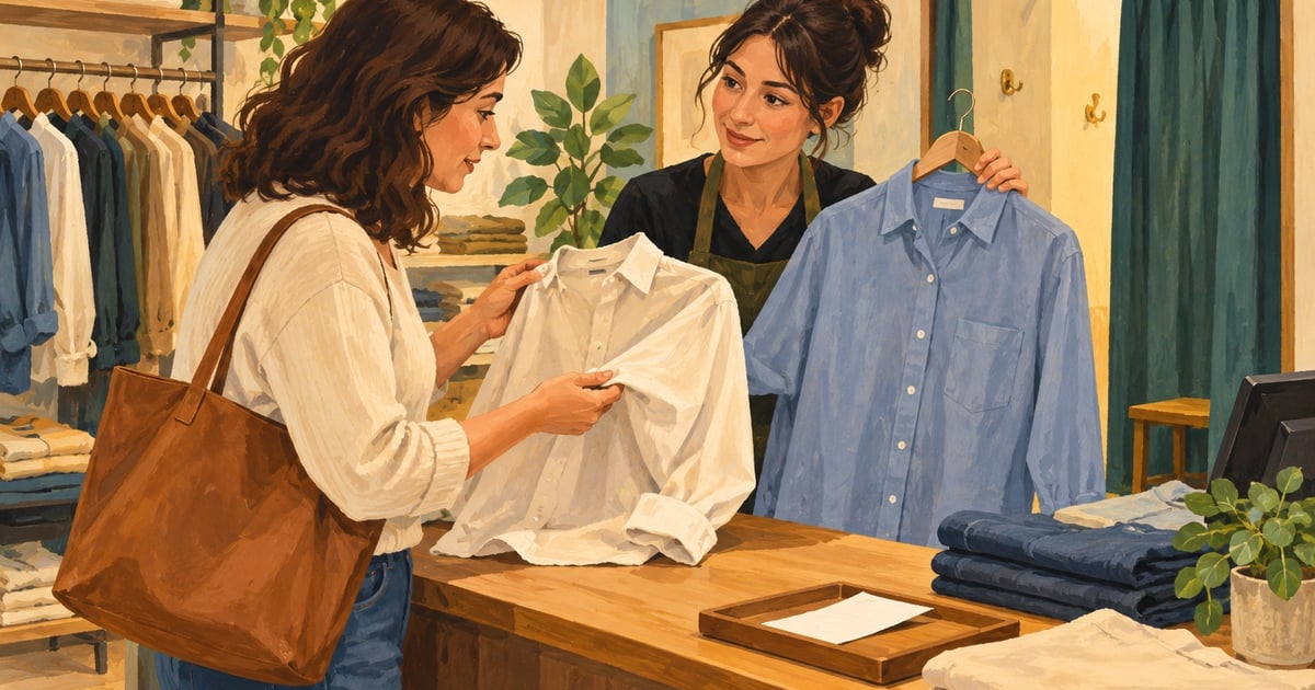 O clientă arată mâneca unei cămăși unei angajate din magazin, lângă un bon și o altă cămașă pregătită pentru probă.