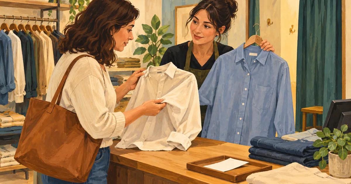 O clientă arată mâneca unei cămăși unei angajate din magazin, lângă un bon și o altă cămașă pregătită pentru probă.
