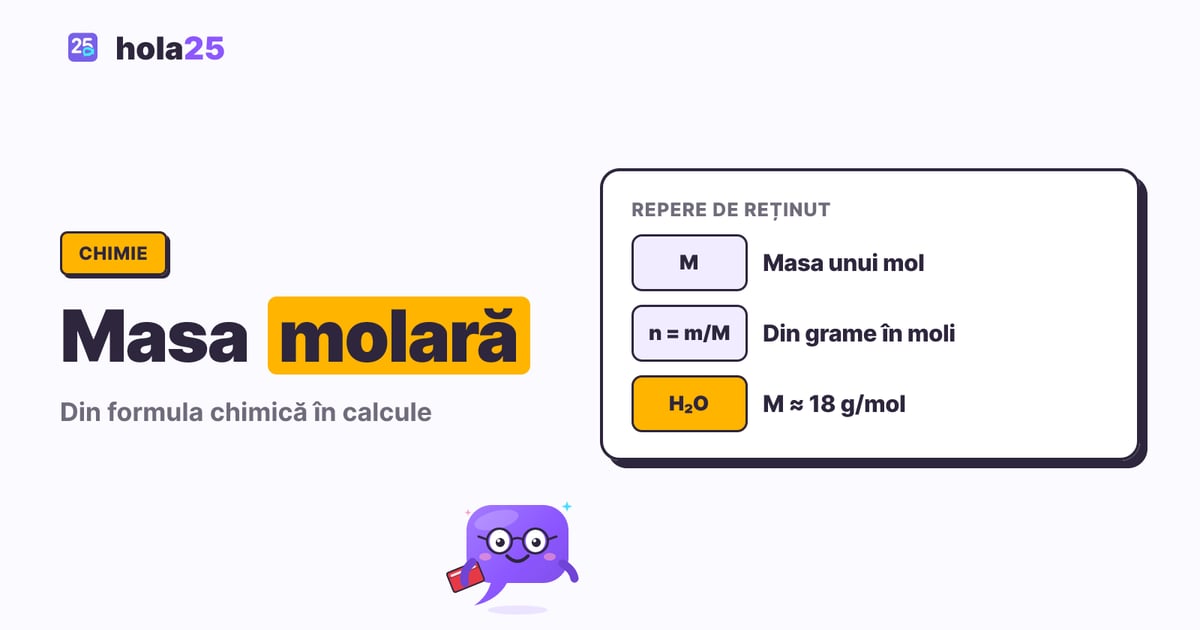 Masa molară: formulă, calcule și exerciții rezolvate. M: Masa unui mol. n = m/M: Din grame în moli. H₂O: M ≈ 18 g/mol.