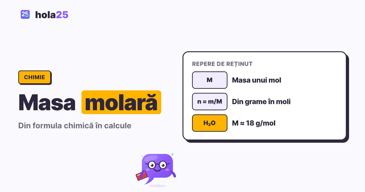 Masa molară: formulă, calcule și exerciții rezolvate. M: Masa unui mol. n = m/M: Din grame în moli. H₂O: M ≈ 18 g/mol.