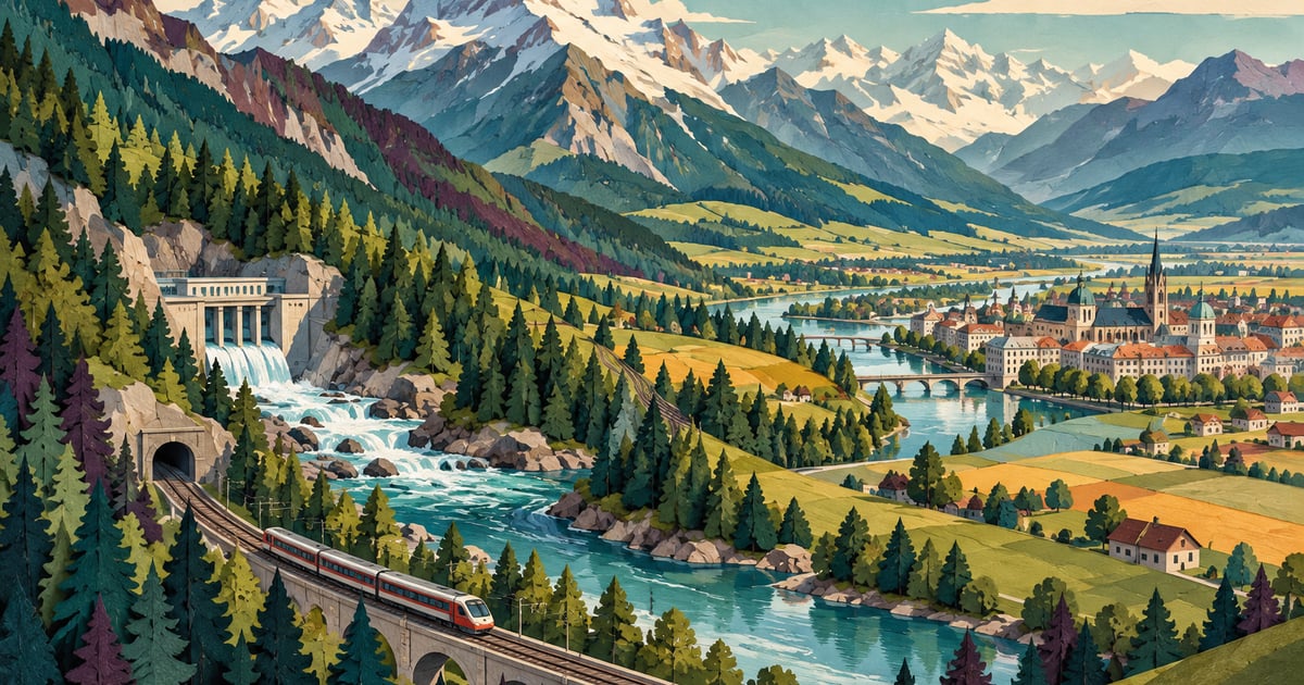Peisaj conceptual alpin cu vale fluvială, păduri și oraș, inspirat de relația dintre Alpi și Dunăre.