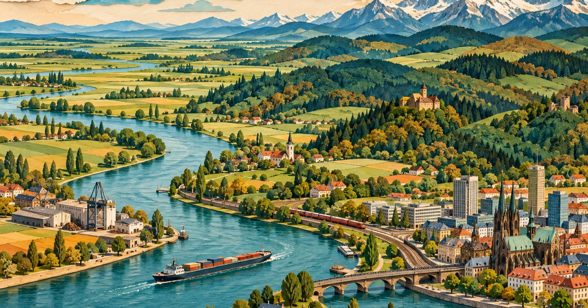 Colaj conceptual cu câmpie, dealuri împădurite, munți și un fluviu cu port, inspirat de Germania.