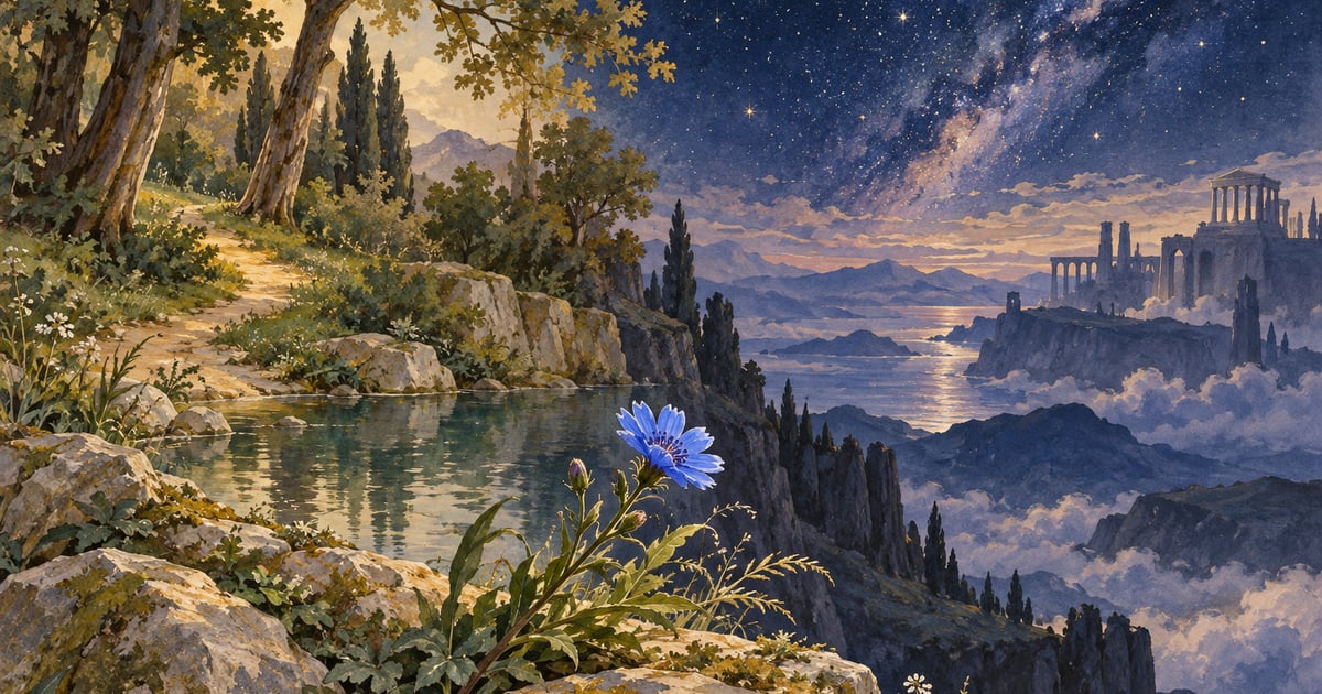 O floare albastră între o pădure intimă și un cer înstelat sugerează apropierea și aspirația.