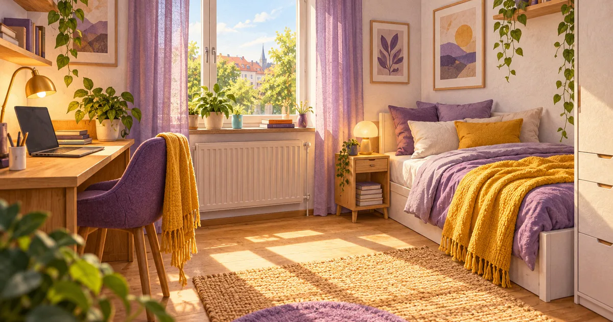 O cameră luminoasă cu pat, birou, scaun și fereastră, decorată în mov și galben.