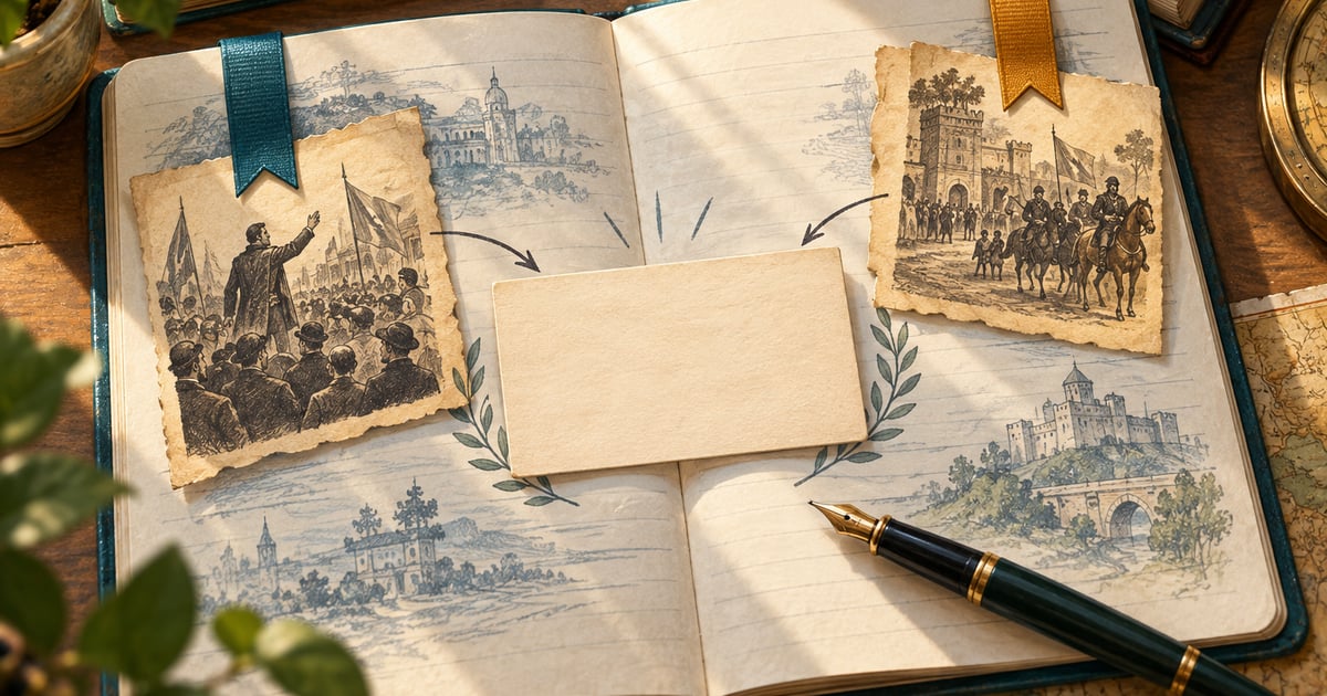 Un caiet cu două semne de carte și documente alăturate evocă susținerea unei idei prin dovezi.